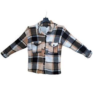 Love Womens XL Sherpa Fleece Plaid Button Up Jacket Shacket Tan/Black/White Cozy